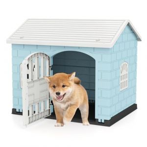 GOPLUS Niche pour Chien Exterieur XXL en PP, Cabane Chien Imperméable&Ventilé, Maison pour Chiot Interieur avec Porte, 3 Fenêtres, Toit Incliné, Plancher Surélevé (Bleu, 75x58x65CM) (Augenstern24, neuf)