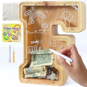 Lakpopya Tirelire en Bois Grande pour Enfant Adulte Tirelire Cochon Personnalis&eacute;e de Lettres A-Z avec Zone Cible Tirelire Billet Transparente Cr&eacute;ative pour Cadeau D&eacute;coration Bapt&ecirc;me (F) (Never fail, neuf)