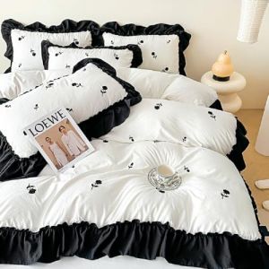 Sedefen Feuille de Lotus Housse de Couette 220x240cm Broderies Fleurs + 2 taies d'oreiller 65x65cm Ado Fille Adulte Blanc Noir Volants Romantique Parure de Lit 2 Personnes Avez Fermeture Éclair (ArvinBoutiques, neuf)