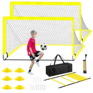 Lot de 2 buts de football avec buts de football pliables et portables, sac de transport et accessoires, avec sac de transport et pompe à ballon, cible 180 x 120 cm, jaune (Cooper Official Store, neuf)