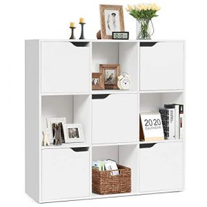 GOPLUS Bibliothèque 9 Cases, Étagère de Rangement 9 Compartiments 5 Portes Meuble de Rangement Anti-Basculement Design et Moderne pour Bureau, Salon, Chambre d’Etude, 90 x 29 x 90 CM, Blanc (Augenstern24, neuf)