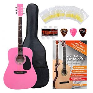 Classic Cantabile WS-10PK Westerngitarre Starter-Set (style dreadnought, 6 cordes, 20 frettes, incl. set d'accessoires, housse guitare, cahier de partitions, cordes, m&eacute;diators) rose (Maison de la musique Kirstein, neuf)
