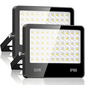 Projecteur LED Extérieur 50W 2 PACK - 5000LM 6500K Blanc Froid Spot LED Extérieur avec 60 LEDs Lampe, IP66 Étanche Eclairage Exterieur pour Stade, Terrasse, Rue, Garage (jintenger, neuf)