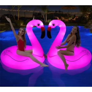 DeeprBling Bouée Flamant Gonflable avec Lumières Solaires, Flamant Rose Gonflable, Grand Flamant Bouée Piscine Adulte, Bouée Piscine Flamant, Anneau Flotteur Gonflable pour Piscine - 2 Pièces (Jun Jun*, neuf)