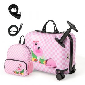 DREAMADE Valise Enfant &agrave; roulettes 18" et Sac &agrave; Dos 12" avec Repose-Pieds&Coque Rigide,Bagage &agrave; Main Enfant 3+Ans avec Bandouli&egrave;re R&eacute;glable pour Fille et Gar&ccedil;on，Charge 50KG+8KG (Damier Rose+Flamant) (DREAMADE, neuf)