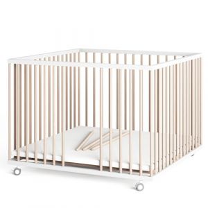 Sämann Parc pour bébé - 100 x 100 cm - Avec matelas - Certifié TÜV 2020 - Réglable en hauteur en continu - En hêtre (blanc/nature, avec drap-housse) (Sämann Handels GmbH, neuf)