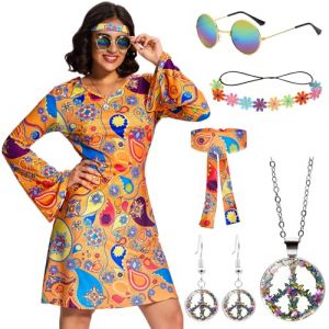 Ulikey Deguisement Hippie Femme, Costume Hippie Femme, Deguisement Annee 70, Robe Hippie Chic avec Couvre Bottes à Glands, Gilet à Franges, Collier, Lunettes pour Carnavals, Spectacles (Orange, L) (HALOROMAN  ETRADE, neuf)
