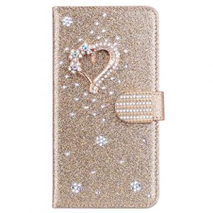 BLOTECH Coque en Cuir Glitter Etui Housse Little Love Design Luxe Bling Glitter Paillettes Shiny PU Cuir Housse Etui Coque Briller Housse Pochette en Cuir Portefeuille pour Redmi Note13 - Or (Bolong, neuf)