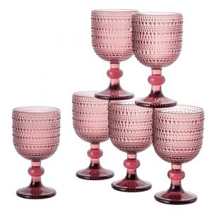 Baroni Home Set de 6 Verres &agrave; Pied en Verre D&eacute;cor&eacute;s avec des Finitions en Relief de 20 CL, Verres pour Vin et Eau, Lavables au Lave-Vaisselle, 8x8x14,5 cm, Rose (Baroni Home, neuf)