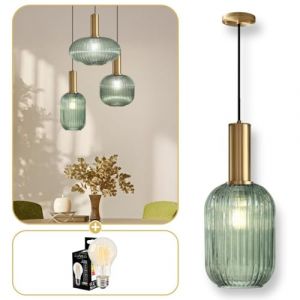 Lumeo creative | Suspension verre fumé Cristali | Lustre vintage pour salle à manger, ilot de cuisine, entree | suspension luminaire salon doré | Suspension vintage (Vert Amande, A - Poignée Tube) (Lumeo Creative, neuf)
