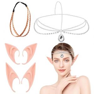 SHOWHEEL Ensemble d'oreilles d'elfe, Oreille Elfe,D&eacute;coration d'Halloween, 2 Paires Oreille Lutin + 1 Diad&egrave;me en Strass+1 Bandeau Cheveux Femme,Costume Elfe,Accessoires de Costumes de Carnaval (MEIQIONGSHAO LIMITED, neuf)