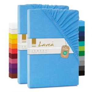 Lavea® Lot de 2 Draps-Housses Maya – Jersey 100% Coton – pour Lits Standard, Boxspring, à Eau ou avec Surmatelas – avec élastique – Oeko-TEX® – Respirants (Bleu Ciel, 180x190-200x200cm) (B&D Textiles, neuf)