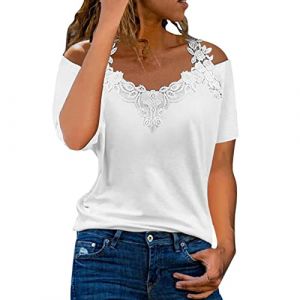 Haut Femme Dentelle, Tee Shirt Blanc Épaules Dénudées-Top Sexy Manche Courte Couleur Unie Épissage Chemisiers Chic Et Elegant Basique Blouses Casual Comfy Regular Fit Tunique (LOSSLO(Livraison 5-14 jours), neuf)