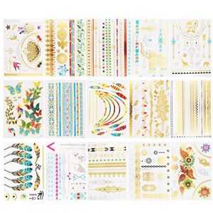 15pcs tatouages de transfert temporaires m&eacute;talliques, 200 dessins or argent faux autocollant de tatouage imperm&eacute;able pour adulte enfants anniversaire de no&euml;l d&eacute;coration de f&ecirc;te d'halloween (Feiandenguk, neuf)