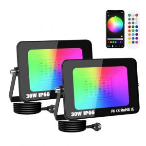 SKYWORLD 2 x 30W RGB Projecteur LED Exterieur, Intelligente RGB Spot LED Extérieur, Smart Floodlight avec APP Control, Etanche Eclairage Exterieur LED Couleur avec Prise pour Jardin, Patio, Cour (SKYWORLD-EU, neuf)