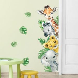 Tanlaby Stickers Muraux Animaux Jungle Autocollants Muraux Animal de Dessin Anim&eacute; Sticker Mural Girafe Z&egrave;bre Feuilles Vertes pour Chambre B&eacute;b&eacute; P&eacute;pini&egrave;re D'enfant D&eacute;cor Murale, Droite (JDD store, neuf)
