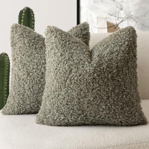 Foindtower Lot de 2 housses de coussin d&eacute;coratives en peluche boucl&eacute;e, effet fourrure, pour lit, canap&eacute;, salon, 40,6 x 40,6 cm, vert sauge (pengpeng132, neuf)