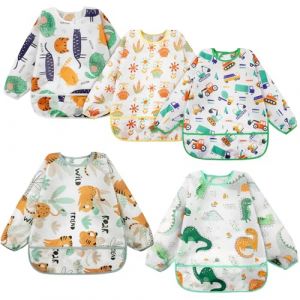 Vicloon Bavoirs Manches Longues Etanches Blouse, 5PCS Tablier D'alimentation Enfant, Tablier Bavoir Bebe, Blouse Bebe Repas, Imperm&eacute;able Bebes Enfant Bavoir Tabliers 3 Mois &agrave; 3 Ans (Vicloon&reg;-FR, neuf)