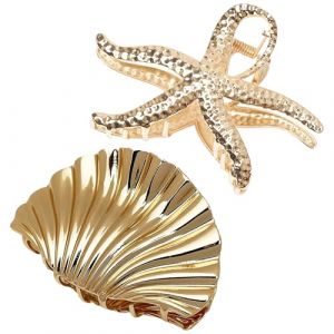 JazSwirl Lot de 2 pinces à cheveux en forme d'étoile de mer, étoile de mer dorée, sirène - Accessoires de cheveux pour femme - Coquillage de mer - Accessoires pour cheveux en forme d'étoile de mer (puyangbingyaqicheyongpinyouxiangongsi, neuf)