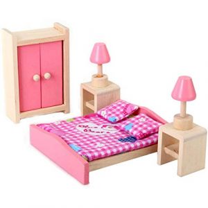 POFET Ensemble de jeu en bois rose pour chambre &agrave; coucher, maison de poup&eacute;e, ensemble de meubles miniatures r&eacute;alistes pour lit, armoire, coiffeuse, berceau (POFET EU, neuf)