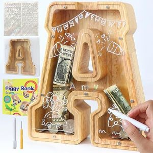 Lakpopya Tirelire en Bois Grande pour Enfant Adulte Tirelire Cochon Personnalisée de Lettres A-Z avec Zone Cible Tirelire Billet Transparente Créative pour Cadeau Décoration Baptême (A) (Never fail, neuf)