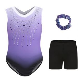 Kiscorpse Justaucorps de Gymnastique pour Filles Trois Pi&egrave;ces Maillots de Gymnastique Gymnastique &agrave; Manches Longues avec Short et Bandeau Ballet Dancewear (Violet-sans manches, 11-12 ans) (ZHENCHI-EU, neuf)