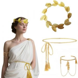 EYWILYWI 3 Pièces Accessoires Essentiels de Déguisement de Déesse Grecque – Couronne de Laurier Dorée, Chaîne de Taille à Franges et Bague de Bras, Idéal pour Fête Vintage (Or) (3pcs) (JIEYFC, neuf)