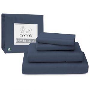 Pizuna 100% Coton Parure de Lit 180x200 cm Bleu Fonce, Tissu de Satin de Coton à 600 Fils au Pouce carré Comprend 1 Drap Housse, 1 Drap Plat, 2 Taie d'oreiller (Coton Draps 2 Personnes) (Pizuna Linens, neuf)