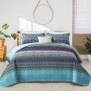 WONGS BEDDING Couvre - lit 240x260 cm Couvre - lit Style bohème matelassé lit Double matelassé Microfibre Couette matelassée Couverture 3 pièces Housse de Vie avec 2 taies d'oreiller 50x75cm (wongs bedding euro, neuf)