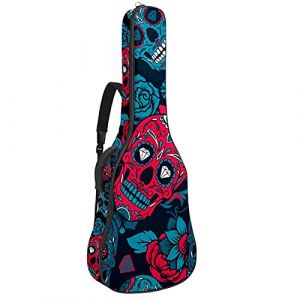 Housse de transport &eacute;tanche pour guitare avec motifs de cr&acirc;nes floraux, rouge et bleu. Sac &agrave; dos pour guitare douce avec fermeture &eacute;clair, pour guitare &eacute;lectrique, acoustique, folk, classique et basse (Galens, neuf)