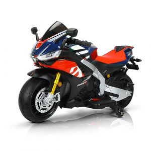 TCARAIWEN Moto &Eacute;lectrique pour Enfants sous Licence Aprilia 24V, Moto &agrave; Conduire jusqu'&agrave; 8 km/h avec Roues Lat&eacute;rales, Interrupteur &agrave; Cl&eacute; et MP3 (Moteurs Normaux - 24V, Bleu) (AIWEN US, neuf)