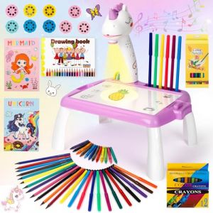 Beeoecm Projecteur Dessin Enfants, 52 Pièces Tableau de Projecteur Ensemble de Projecteur à Dessin avec 72 Motifs, Carnet à Croquis, Livre de Stickers et Crayons de Couleur pour Filles (Violet) (Beeoecm Direct, neuf)