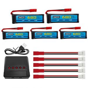 AMZZN 5 pièces 3,7V 680mAh 1S Lipo Batterie JST Prise avec Chargeur 5-en-1 adapté pour UDI U817 U818A V959 V222 V929 S032 Drone de contrôle à Distance, Quatre Axes Batterie de Secours d'avions (liangzhidian, neuf)