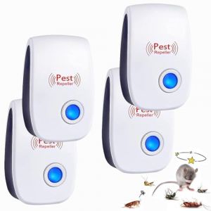 Ultrason Souris et Rats, 4 Pack Repulsif Souris Ultrason Anti Rongeur, Intérieur Anti Moustique Ultrason pour Anti Souris, Rat, Rongeur, Araignée, Moustique, Cafard (Chan lian, neuf)