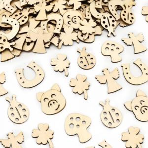 100pcs Porte Bonheur Bois, Decoration Table Nouvel an, Cochon, Tr&egrave;fle &agrave; Quatre Feuilles, Champignon, Coccinelle Mini Tranches en Bois pour Nouvel an No&euml;l Anniversaire Ornement D&eacute;coration (MQIAN, neuf)