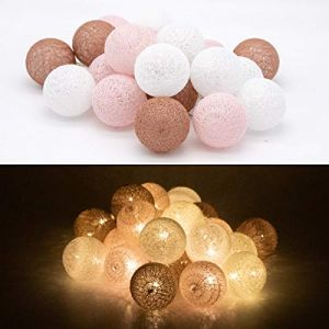 Tronje 20 LED Guirlande Lumineuse Ø6cm Boules de Coton avec Minuterie 4h - Portable Chaîne Lumière 3,8m - Décoration Lampe avec Piles - Marron-Rose (Shopdealer, neuf)