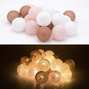 TRONJE 20 LED Guirlande Lumineuse Ø6cm Boules de Coton avec Minuterie 4h - Portable Chaîne Lumière 3,8m - Décoration Lampe avec Piles - Marron-Rose (Shopdealer, neuf)