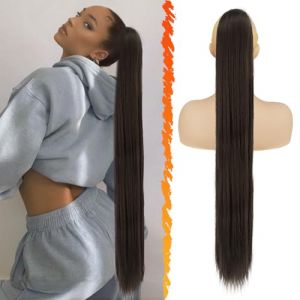 BARSDAR Brun Queue de Cheval Extension - 86cm Longue Raides Queue de Cheval Extension de Cheveux avec Cordon Synthétique Clip en Queue de Cheval Postiche Faux Queue de Cheval pour Femmes - Brun Foncé (BARSDAREU, neuf)