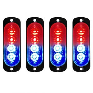 4pcs 12-24V Ultra Mince Voyant Barre D'alarme Stroboscopique d'urgence Lampe- 4LEDS Bande lumineuse D'avertissement de Flash Camion Moto Voiture -Rouge + bleu (yifengshun, neuf)