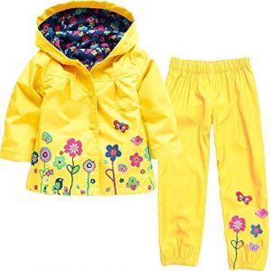 Baotung Ensemble de 2 pièces pour fille - Imperméable - Veste de pluie - Manteau de pluie avec capuche et motif floral - Pantalon de pluie - Jaune - 3 ans (G-Pingping, neuf)