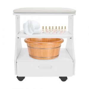 Chariot de bain avec repose-pieds : chariot &agrave; roulettes &agrave; 2 &eacute;tages pour p&eacute;dicure et manucure, avec 4 roues universelles, capacit&eacute; de charge 50 kg, id&eacute;al pour le salon (blanc) (HLONGG, neuf)