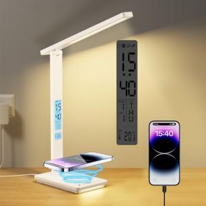 YAMYONE Lampe de Bureau LED avec Chargeur sans Fil & Port USB, 5 Couleurs Luminosité Variable Touch Control, Lampe Chevet 2 Veilleuses, Large Écran LCD Horloge Température, Lampe pour Bureau Étude (Yamyone1, neuf)