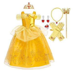 MYRISAM Filles Princesse Belle Robe de Carnaval Hors Épaule Costume de la Beauté et la Bête Halloween Déguisements Cosplay Cérémonie Anniversaire avec Accessoires 5-6 ans (MYRISAM store, neuf)