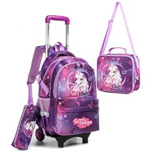 HTgroce Cartable Fille Licorne Sac a Dos Roulette, Cartable a Roulette Fille Maternelle à avec étui à Crayons et Sac frigorifique Sac a Roulette Fille. (Lldaily EUR, neuf)