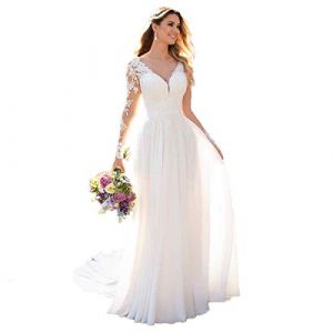 Nanger Robe de mari&eacute;e pour femme - Col en V - Manches longues - En mousseline de soie - Style boh&egrave;me - Blanc - 48 (JJJoke, neuf)