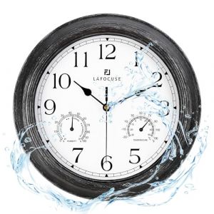 Lafocuse 30cm Horloge Murale Exterieure Etanche avec Thermomètre et Hygromètre, Vintage Noir Pendule Murale Retro, Silencieuse Shabby Chic Deco pour Extérieur, Jardin, Balcon, Salle de Bain, Cuisine (QuareBest, neuf)