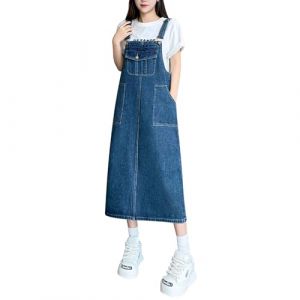 Petalum Femme Robe Salopette en Jeans Casual Elégante Jupe à Bretelle Coton Denim Vintage Boutonné Maxi Jumpsuit Dress Printemps Eté (Petalum, neuf)