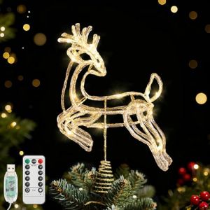 Lewondr Topper pour Sapin De No&euml;l Cerf, 13,39" Cerf en R&eacute;sine &Eacute;tincelante avec 30 Ampoules LED, Minuterie 6H & 8 Modes USB T&eacute;l&eacute;commande, Topper pour D&eacute;coration De No&euml;l D'int&eacute;rieur, Or (Showmore EU, neuf)