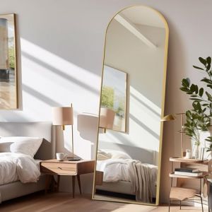 LunaMirror Miroir Intégral 161 x 52 cm Arqué Miroir sur Pied Grand Miroir À Poser au Sol pour Chambre à Coucher, Salon et entrée, Verre Trempé, Cadre en Alliage d’Aluminium Doré (LunaMirror, neuf)