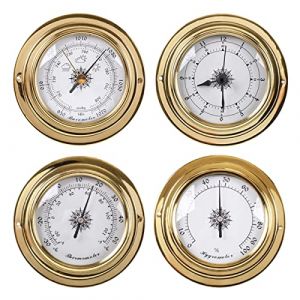 WMGoods Lot de 4 thermomètres, hygromètres, baromètres, horloge, 9,8 cm, coque en cuivre, station météo extérieure, baromètre multifonction, pour accrocher la maison, le bureau, la pêche, la voile (luoheshizhanshangmao, neuf)
